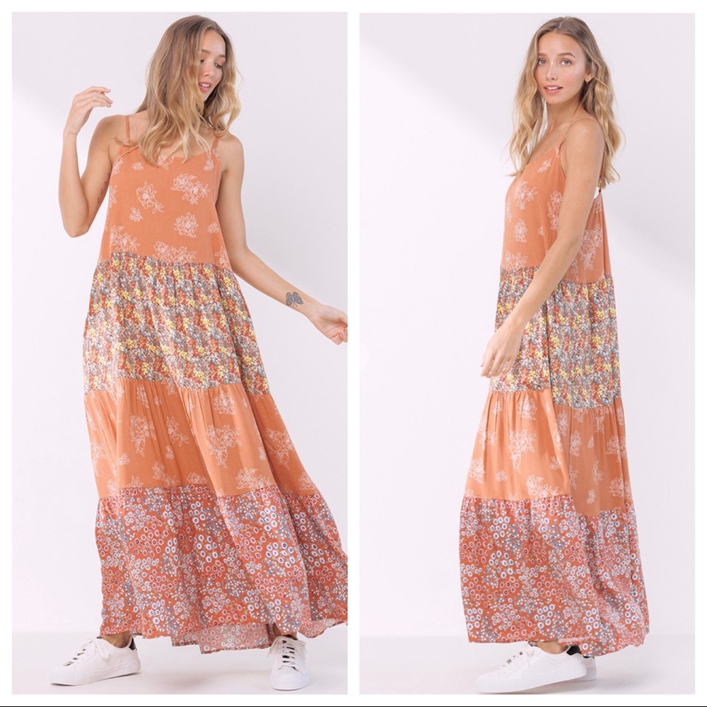Boho Fabulous Floral Color Block Tiered Maxi dress - Picture 1 of 4